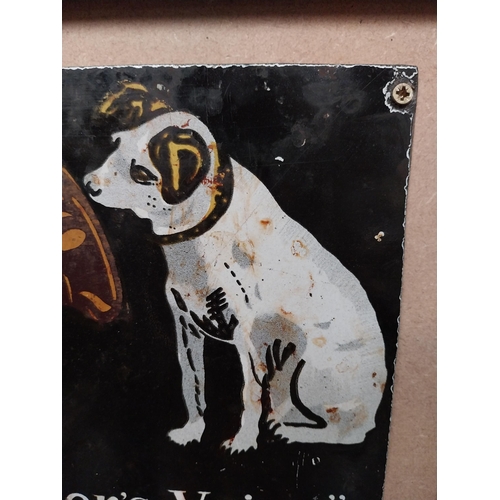 220 - His Master's Voice enamel advertising sign. {20 cm H x 28 cm W}.