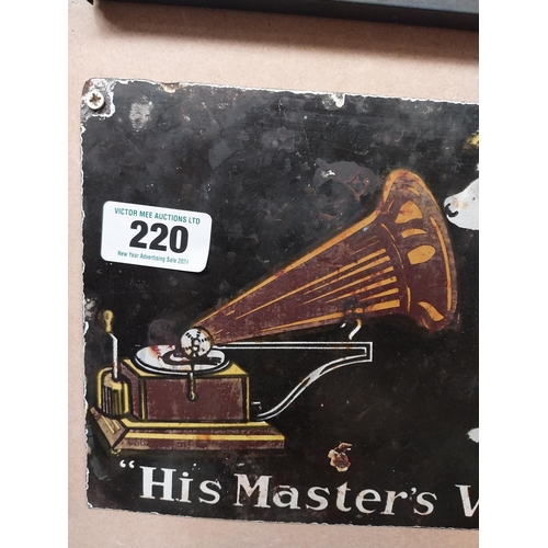 220 - His Master's Voice enamel advertising sign. {20 cm H x 28 cm W}.