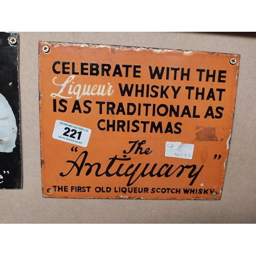 221 - Celebrate with the Antiquary Liqueur Whiskey enamel advertising print. {20 cm H x 28 cm W}.