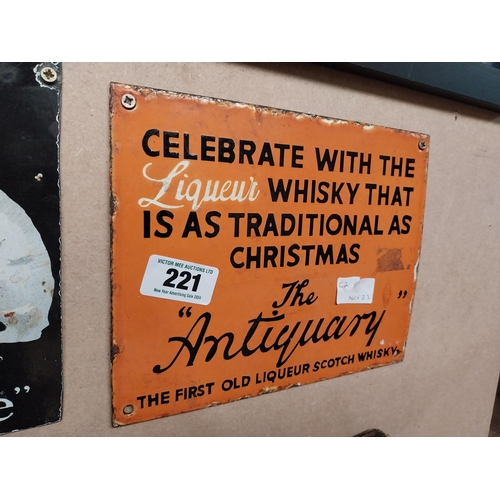 221 - Celebrate with the Antiquary Liqueur Whiskey enamel advertising print. {20 cm H x 28 cm W}.