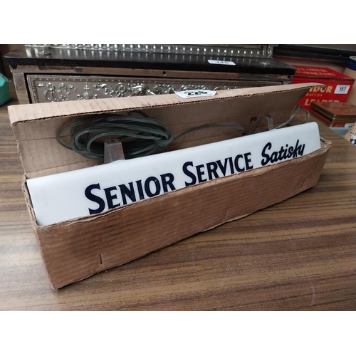 226 - Senior Service Cigarettes Perspex shelf advertising light in original box. {6 cm H x 36 cm W}.