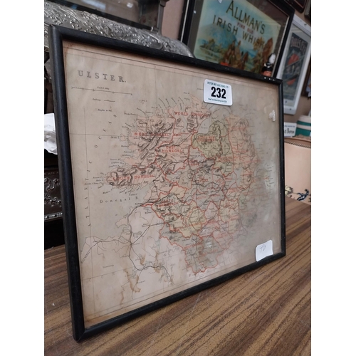 232 - Framed map of Ulster. {27 cm H x  32 cm W}.