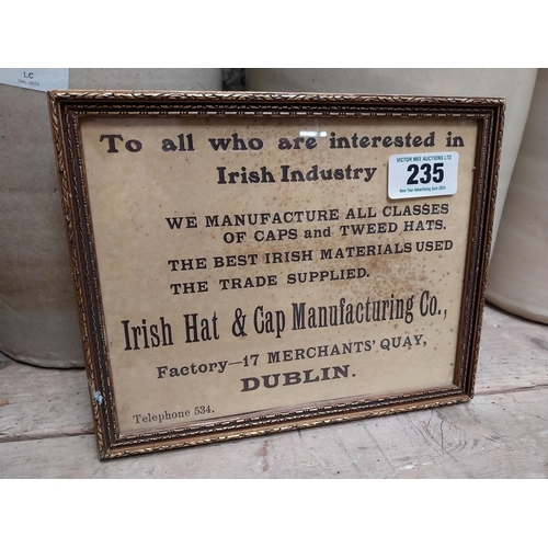 235 - Irish Hat and Cap Manufacturing Co framed advertising print. {20 cm H x 25 cm W}