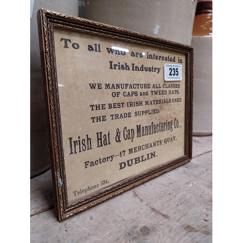 235 - Irish Hat and Cap Manufacturing Co framed advertising print. {20 cm H x 25 cm W}