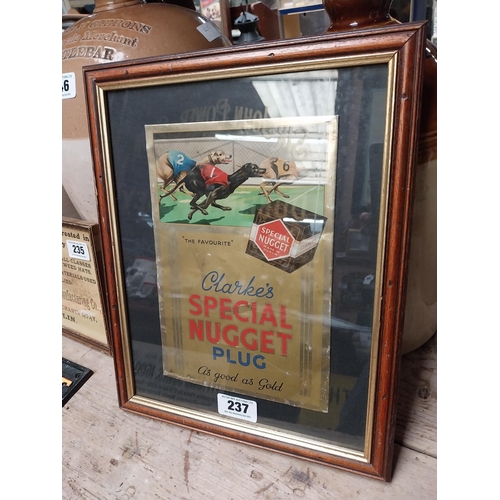 237 - The Favourite Clarke's Plug Good as Gold framed tinplate advertising sign. {40 cm H x 32 cm W}.