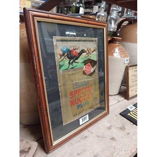 237 - The Favourite Clarke's Plug Good as Gold framed tinplate advertising sign. {40 cm H x 32 cm W}.