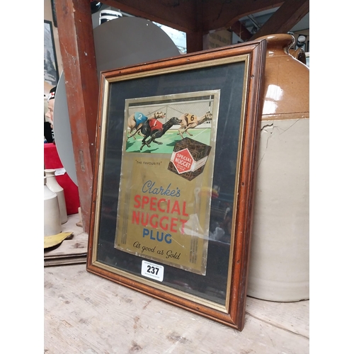 237 - The Favourite Clarke's Plug Good as Gold framed tinplate advertising sign. {40 cm H x 32 cm W}.