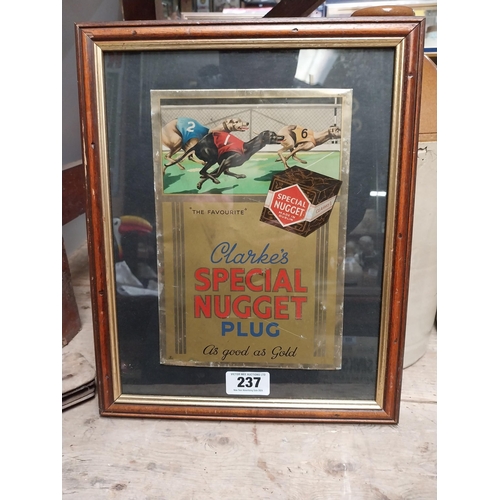 237 - The Favourite Clarke's Plug Good as Gold framed tinplate advertising sign. {40 cm H x 32 cm W}.