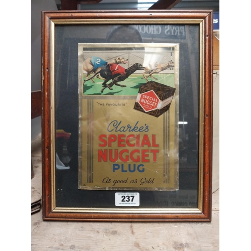 237 - The Favourite Clarke's Plug Good as Gold framed tinplate advertising sign. {40 cm H x 32 cm W}.