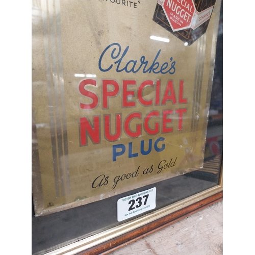 237 - The Favourite Clarke's Plug Good as Gold framed tinplate advertising sign. {40 cm H x 32 cm W}.