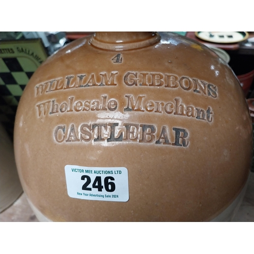 246 - Williams Gibbons Wholesale Merchant Castlebar four gallon stoneware flagon. {47 cm H x 27 cm Dia.}.