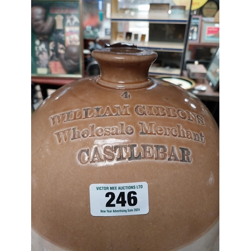 246 - Williams Gibbons Wholesale Merchant Castlebar four gallon stoneware flagon. {47 cm H x 27 cm Dia.}.