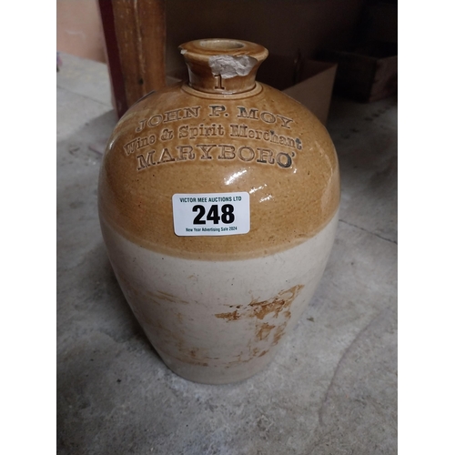 248 - John P Moy Wine and Spirit Merchant Marylebone stoneware flagon with missing handle. {32 cm H x 18 c... 