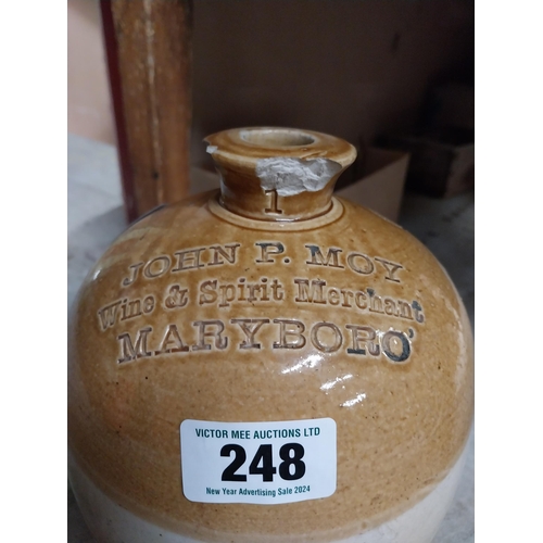 248 - John P Moy Wine and Spirit Merchant Marylebone stoneware flagon with missing handle. {32 cm H x 18 c... 