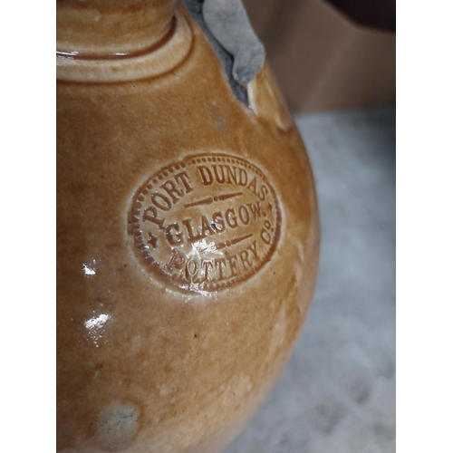 248 - John P Moy Wine and Spirit Merchant Marylebone stoneware flagon with missing handle. {32 cm H x 18 c... 