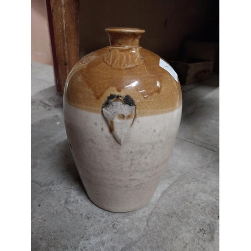 248 - John P Moy Wine and Spirit Merchant Marylebone stoneware flagon with missing handle. {32 cm H x 18 c... 