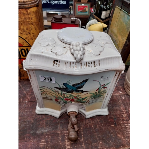 258 - 19th C. ceramic Irish Whiskey dispenser decorated with kingfisher and foliage. {30 cm H x 33 cm W x ... 