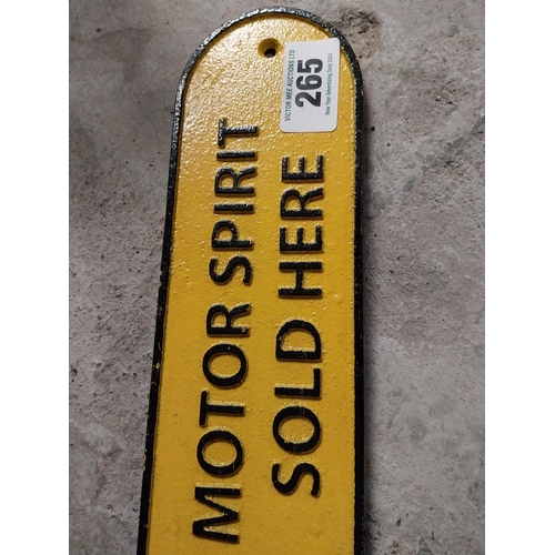 265 - Shell Motor Spirit Sold here cast iron wall plaque. {8 cm H x 50 cm W}.