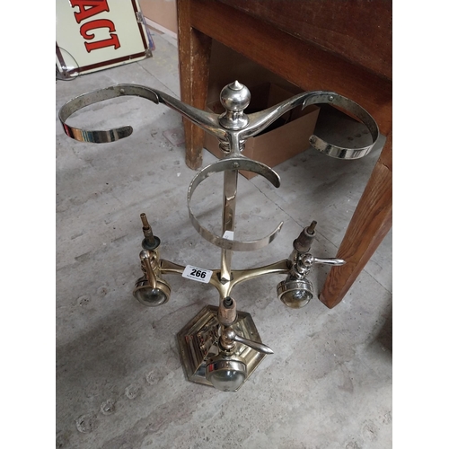 266 - 19th C. brass and chrome three bottle optic stand. {61 cm H x 30 cm Dia.}.