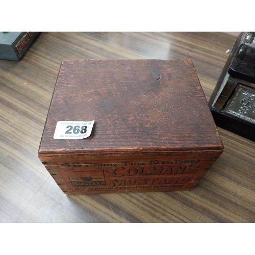 268 - 19th C. Colman's Mustard wooden advertising box. {14 cm H x 22 cm W x 17 cm D}.