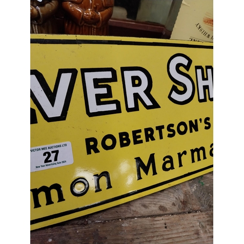 27 - Silver Shred Robertsons Lemon Marmalade enamel advertising sign. {20 cm H x 61 cm W}.