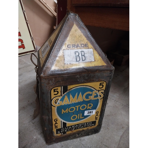 281 - Gamages Motor Oil haystack petrol can. {49 cm H x 26 cm W x 26 cm D}.