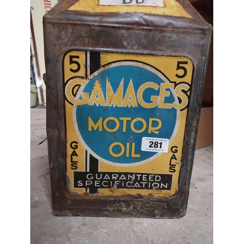 281 - Gamages Motor Oil haystack petrol can. {49 cm H x 26 cm W x 26 cm D}.