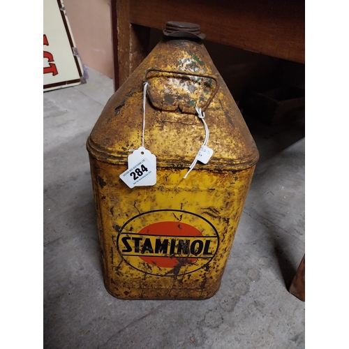 284 - 1950's Staminol Metal oil can. {51 cm H x 26 cm W x 26 cm D}.