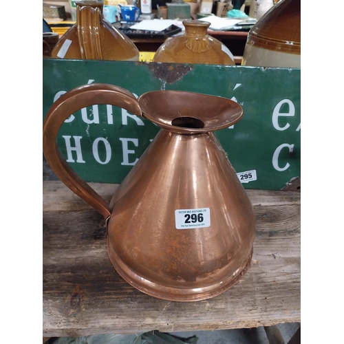 296 - Set  of four graduated copper haystack measures. {28 cm H x 30 cm Dia. to 12 cm H x 13 cm Dia.}