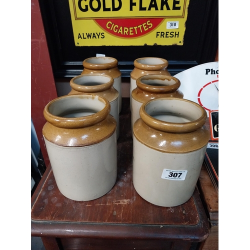 307 - Set of six 19th C. stoneware jam jars {20 cm H x 13 cm Dia.}