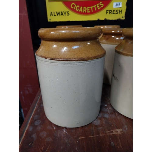 307 - Set of six 19th C. stoneware jam jars {20 cm H x 13 cm Dia.}