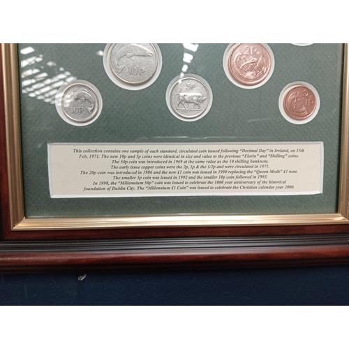 317A - Complete selection of one of each standard circulated Irish decimal coin 1971 to 2001 mounted in mah... 