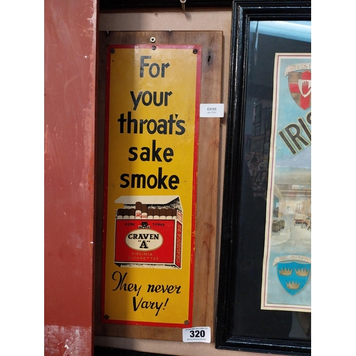 320 - For Your Throats sake Smoke Craven A tinplate advertising sign. {51 cm H x 23 cm W}.