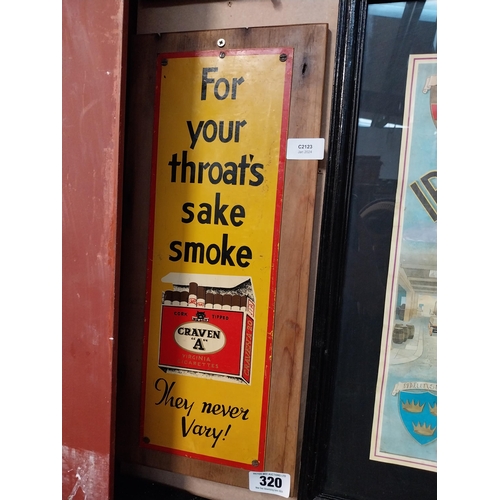 320 - For Your Throats sake Smoke Craven A tinplate advertising sign. {51 cm H x 23 cm W}.