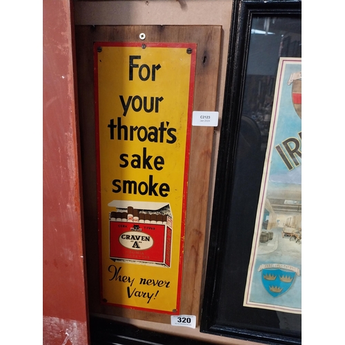 320 - For Your Throats sake Smoke Craven A tinplate advertising sign. {51 cm H x 23 cm W}.