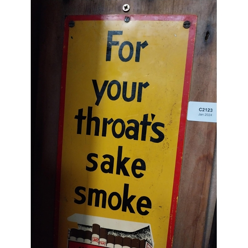 320 - For Your Throats sake Smoke Craven A tinplate advertising sign. {51 cm H x 23 cm W}.