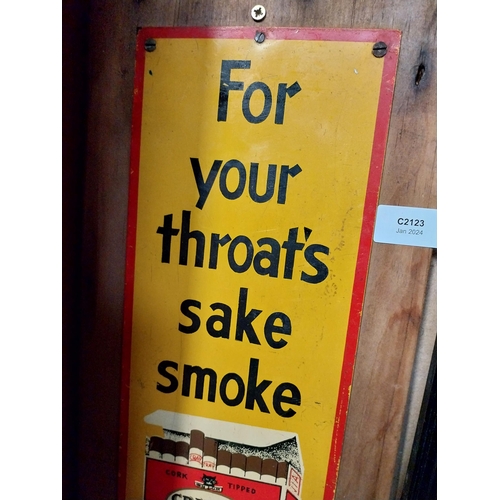 320 - For Your Throats sake Smoke Craven A tinplate advertising sign. {51 cm H x 23 cm W}.