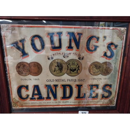 321 - Young's Candles Dublin and London framed advertising showcard. {32 cm H x 62 cm W}.