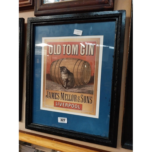 327 - Old Tom Gin James Mellor and Sons Liverpool framed advertising print. {55 cm H x 45 cm W}.