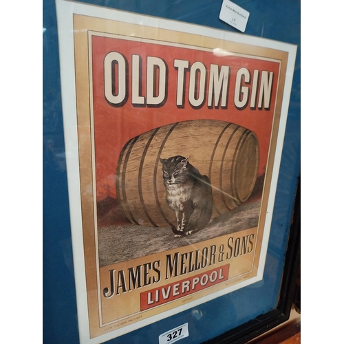 327 - Old Tom Gin James Mellor and Sons Liverpool framed advertising print. {55 cm H x 45 cm W}.