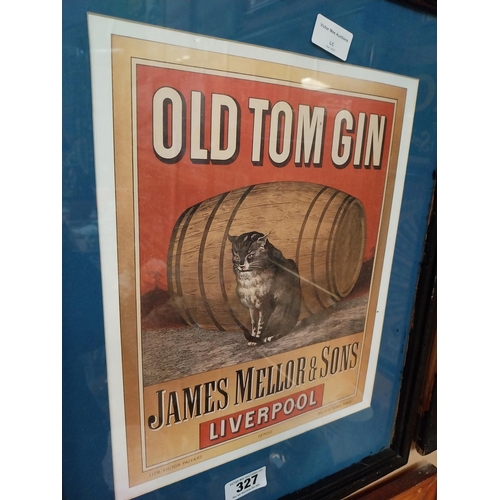 327 - Old Tom Gin James Mellor and Sons Liverpool framed advertising print. {55 cm H x 45 cm W}.