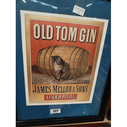 327 - Old Tom Gin James Mellor and Sons Liverpool framed advertising print. {55 cm H x 45 cm W}.