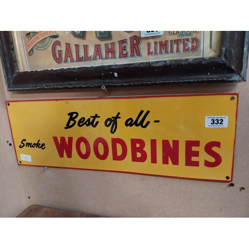 332 - Best of All Smoke Woodbines enamel advertising sign. {21 cm H x 50 cm W}.