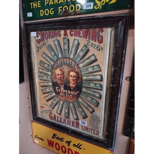 333 - Gallaher's Smoking and Chewing Sixpenny Tobacco Plug framed advertising print. {60 cm H x 26 cm W}.