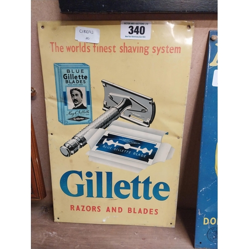 340 - Gillette Razor and Blades tin plate advertising sign. {37 cm H x 25 cm W}.