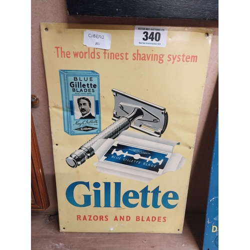 340 - Gillette Razor and Blades tin plate advertising sign. {37 cm H x 25 cm W}.