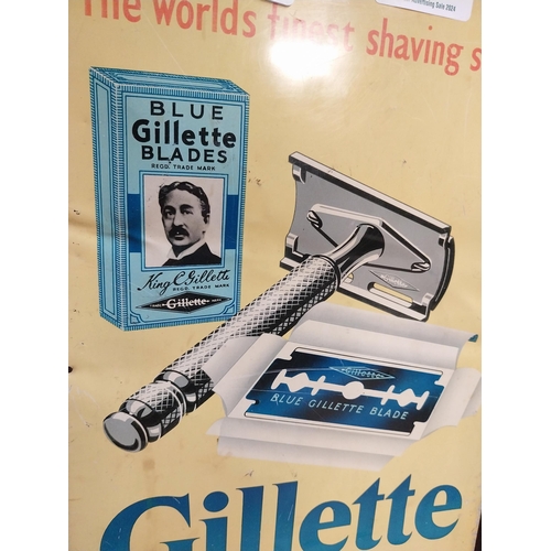 340 - Gillette Razor and Blades tin plate advertising sign. {37 cm H x 25 cm W}.