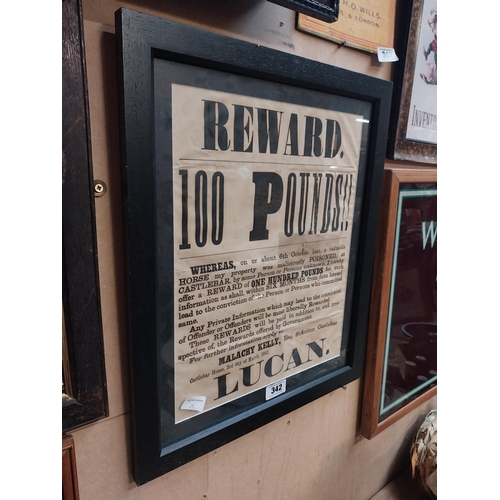 342 - Malachy Kelly Solicitor Castlebar �100 reward framed print for poisoned horse. {59 cm H x 49 cm W}.