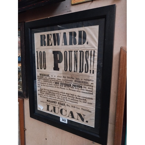 342 - Malachy Kelly Solicitor Castlebar �100 reward framed print for poisoned horse. {59 cm H x 49 cm W}.