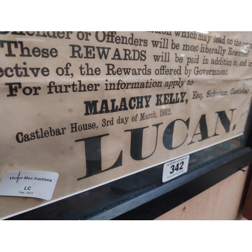 342 - Malachy Kelly Solicitor Castlebar �100 reward framed print for poisoned horse. {59 cm H x 49 cm W}.